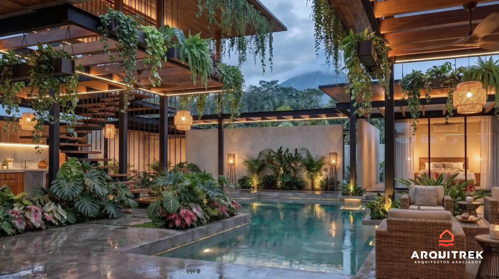 Casa tropical contemporánea en Costa Rica con piscina, pérgola de madera y vegetación, diseñada por Arquitrek