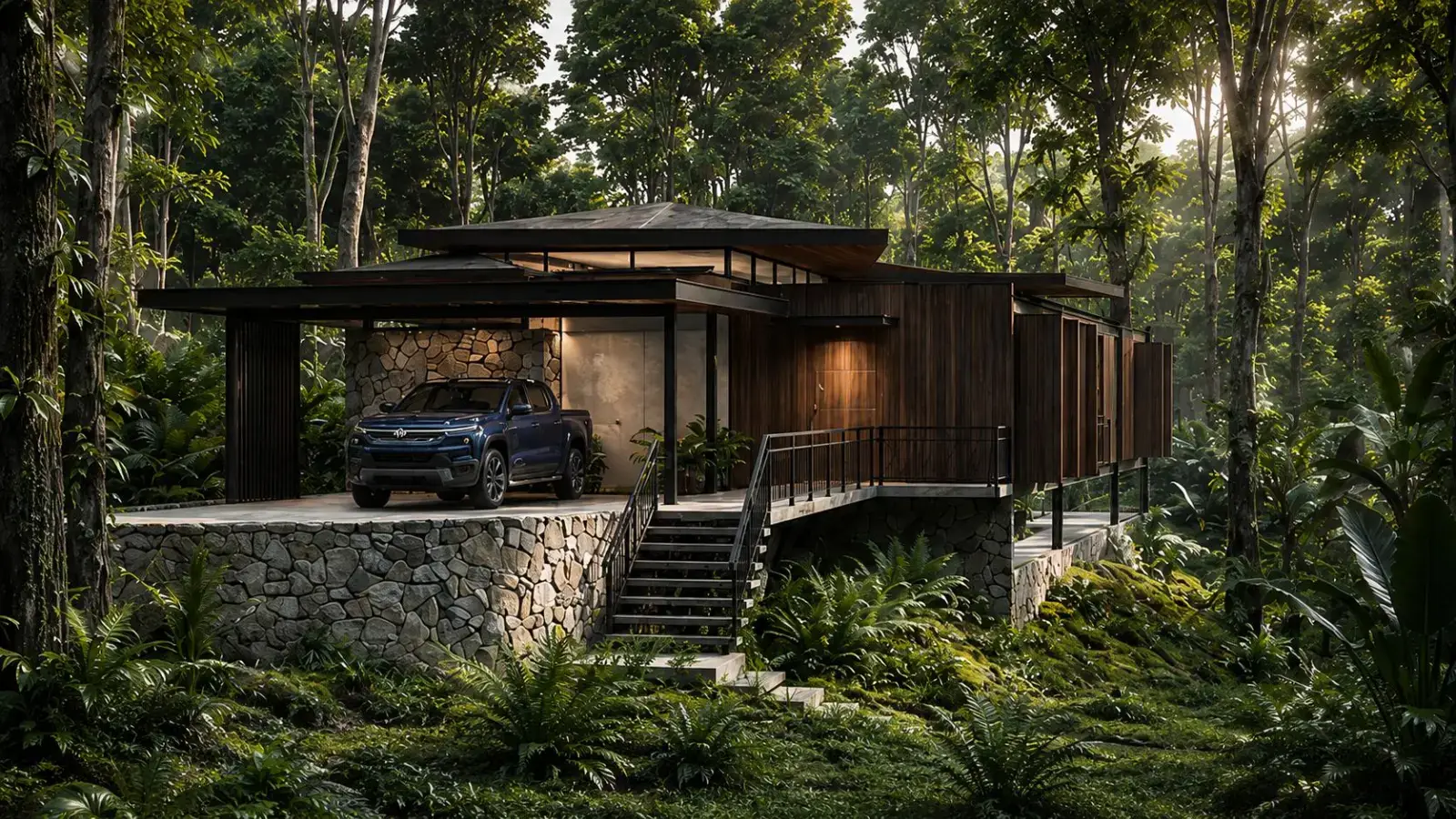 Fachada de casa moderna rodeada de bosque en Costa Rica, proyecto Casa Montero de Arquitrek
