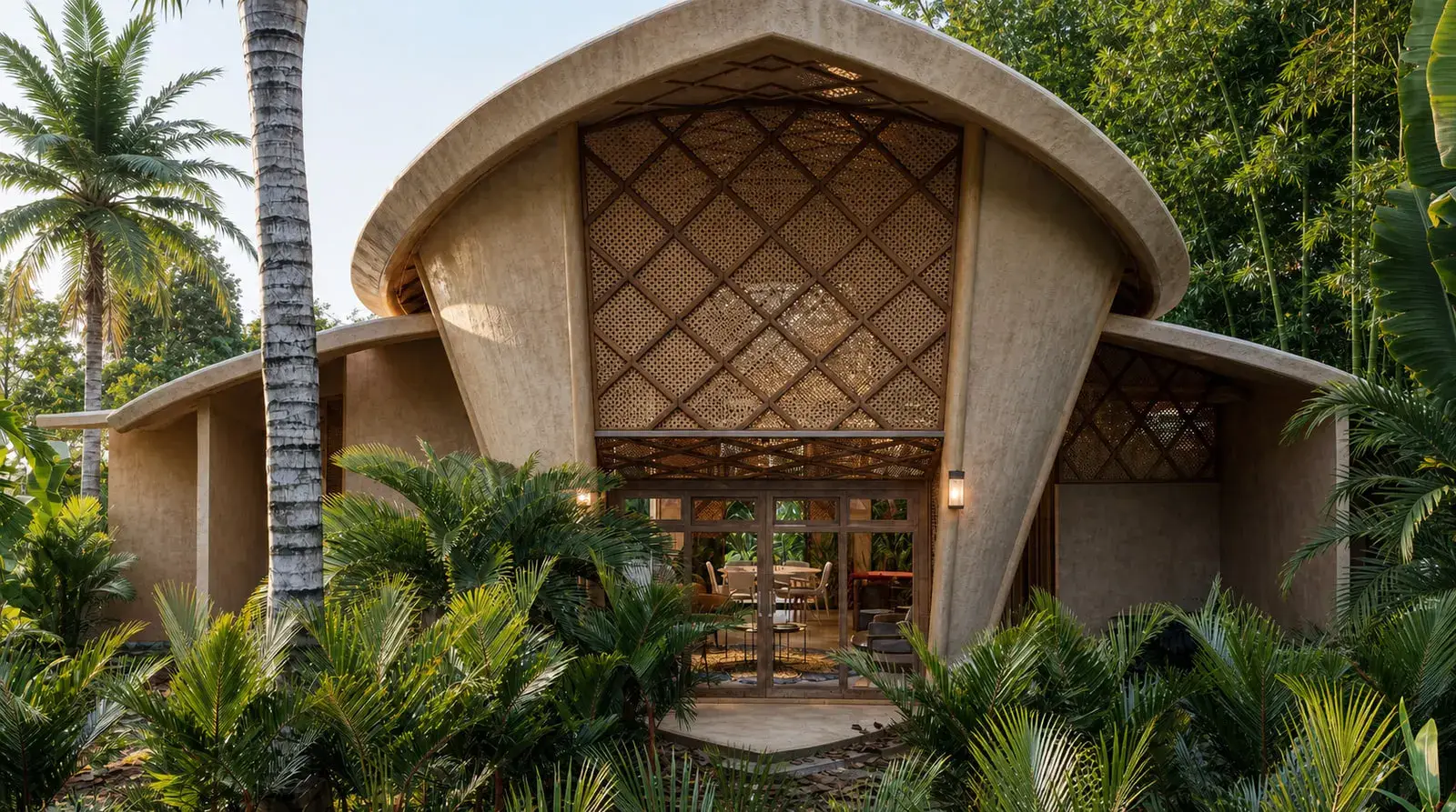 Entrada de arquitectura tropical contemporánea rodeada de vegetación